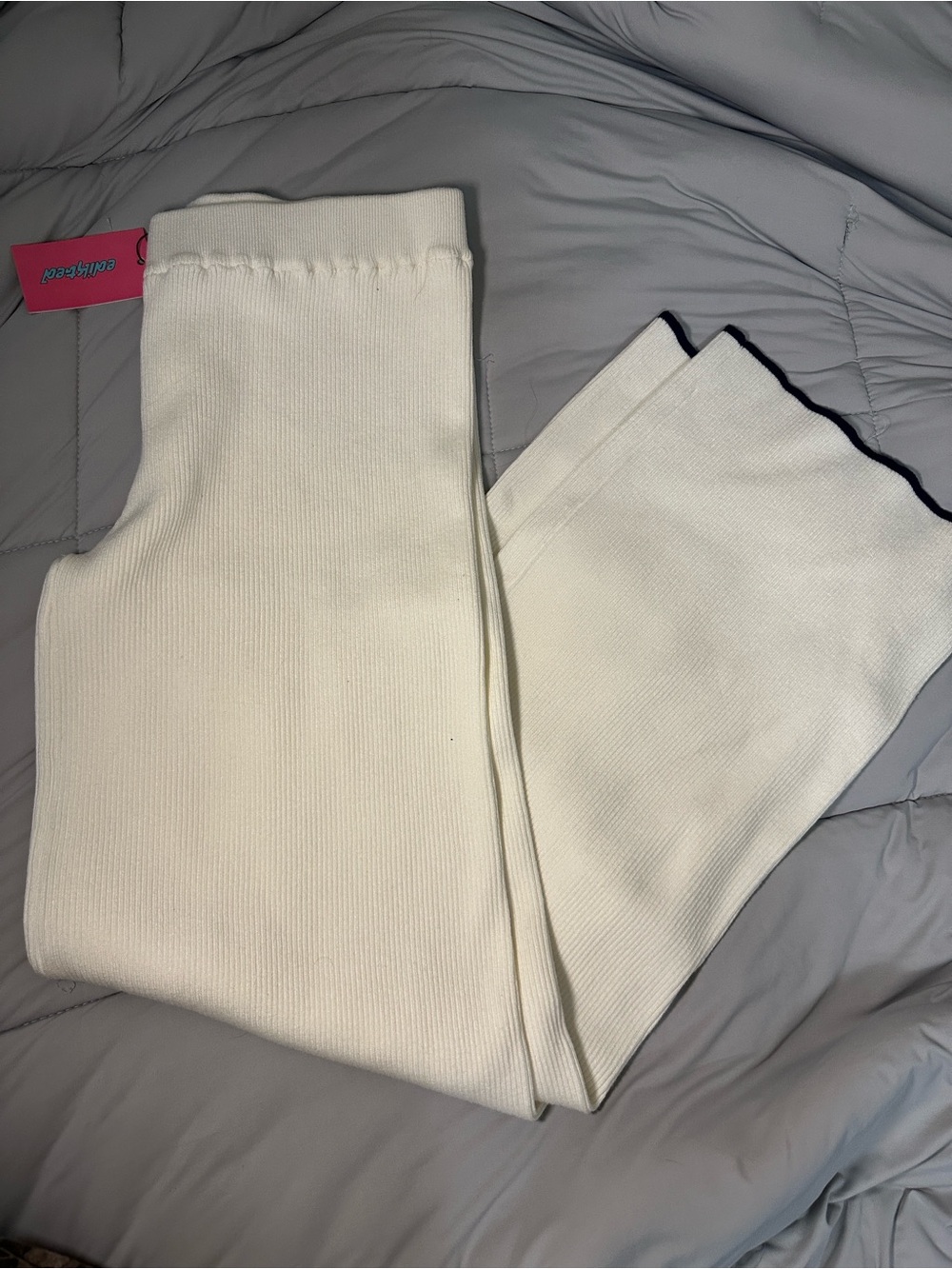 White/Creamish Ribbed Wide-Leg Pants with Navy Trim